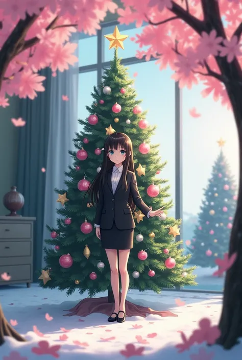 (best quality:1.3), (masterpiece:1.3), anime, 1girl, suit, office lady, black skirt, black blazer, pencil skirt, white shirt, collared shirt, long hair, teenager, black hair, indigo eyes, looking at viewer, full body, age 17, christmas tree, artificial che...