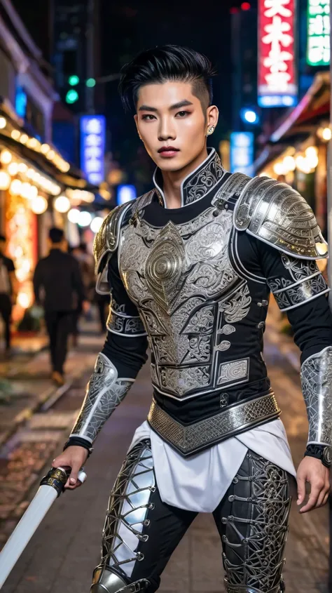 The photo shows a handsome 20-year-old Asian male model of Thai-Japanese descent, with porcelain-white skin, high-end makeup, warrior costume with shiny and sturdy metal mesh armor details, tattooed body, walking towards the camera, against the backdrop of...