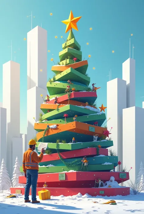 image of an architecture engineer building a huge colorful full christmas tree with lights with architectural tools and map and write merry christmas quote with white background of buildings