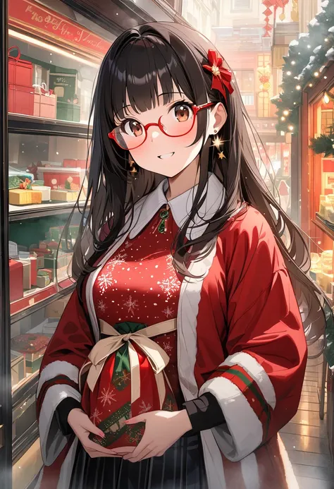 masterpiece,best quality, masterpiece,masterpiece,best quality,ultra detailed, 1girl, , brown eyes are shining and cute, black hair, long hair, extremely detailed neat hair,Straight hair, tareme, ((red-rimless eyewear:1.2)), star earrings, medium breasts, ...