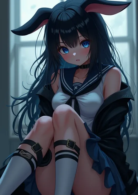 Black-haired woman wearing a rabbit hat, wearing a school dress, with black outerwear, blue eyes, purple, big breasts, wearing white socks alternating with black