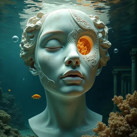 Create a surreal underwater portrait depicting a sculpted female face with complex organic patterns:

Facial structure and texture:
- Carved marble appearance with a pearlescent, slightly textured surface
- One closed eye with delicately detailed eyelashes...