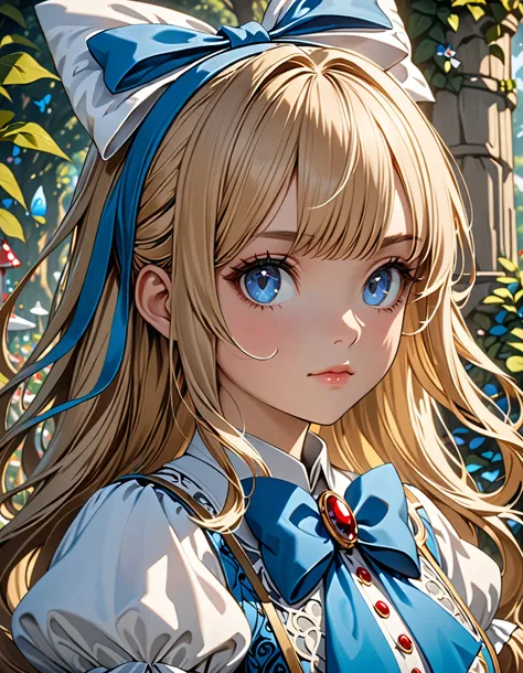 1girl, masterpiece, best quality, 8k, detailed skin texture, detailed cloth texture, beautiful detailed face, intricate details, ultra detailed, Alice in Wonderland, (a bow on her head:1.1), upper body