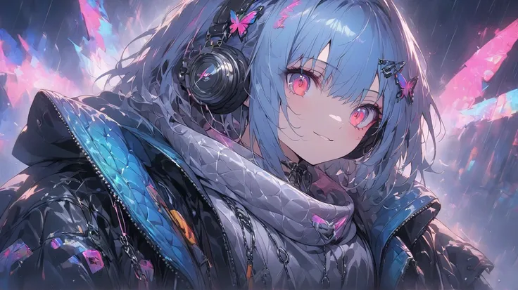 A highly detailed portrait of a girl standing on a rainy street corner with a neon cyberpunk background. She wears punk clothes with silver chains, a butterfly-wing hairpin in her neatly styled short blue hair, headphones, and a tie. Her glowing red eyes a...