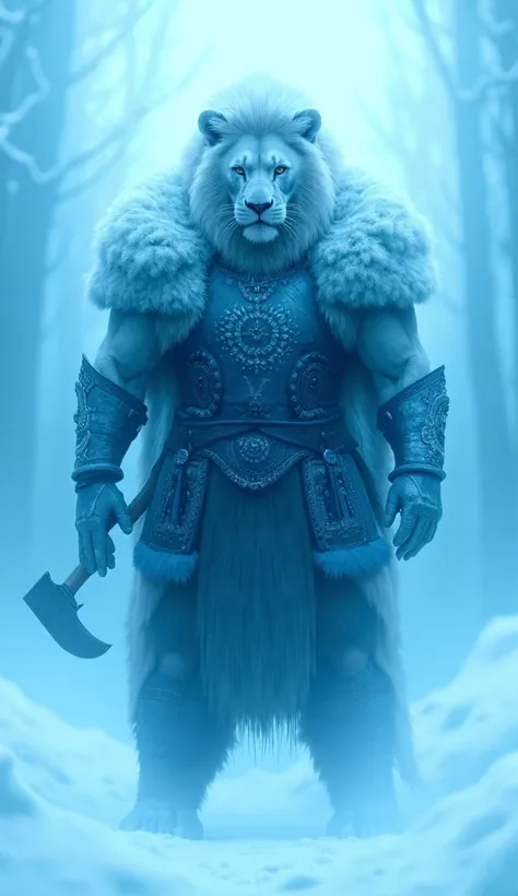 "A lion warrior in fur-lined armor with icy tones of blue and white, holding an axe, standing in a snowy forest."