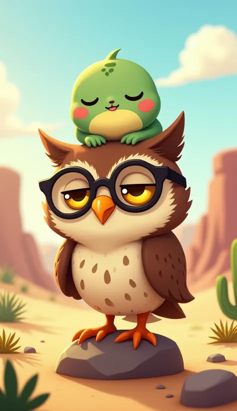  A small cartoon Lizard (A light green with a yellow belly,dark green spots , chubby, sleepy lizard with droopy eyes, short legs, and a laid-back, carefree vibe.)is riding on the back of A big cartoon Owl (A wise- looking owl,Brown with white chest fluffy ...