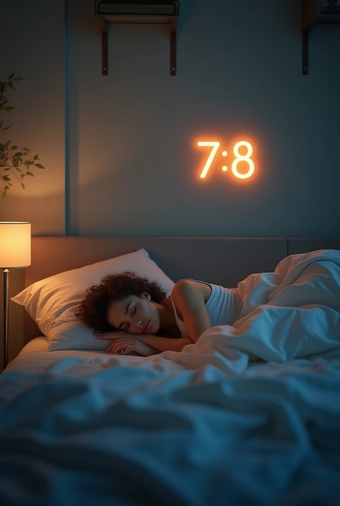 A peaceful bedroom with a person sleeping soundly, fitness gear tucked away, and a glowing 7–8-hour sleep clock on the wall.

