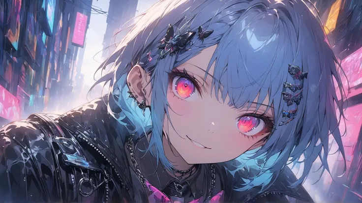 A highly detailed portrait of a girl standing on a rainy street corner with a neon cyberpunk background. She wears punk clothes with silver chains, a butterfly-wing hairpin in her neatly styled short blue hair, headphones, and a tie. Her glowing red eyes a...