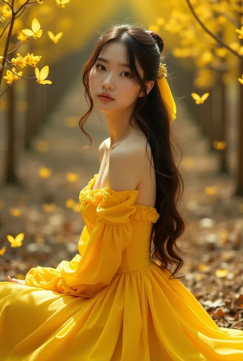  Portrait of a korean woman wearing a yellow dress with the inscription  "FATMA "  with long curly hair COLORED BLACK YELLOW in a pigtail one wears a ribbon,  sitting in a forest of small yellow leafy trees ,  with a stylish pose ,  there are many butterfl...