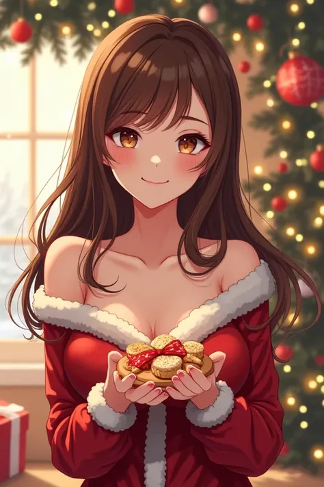 (anime)  28-year-old female,  big breasts, slender. Dressed in a Christmas way,  handing out , brown hair
