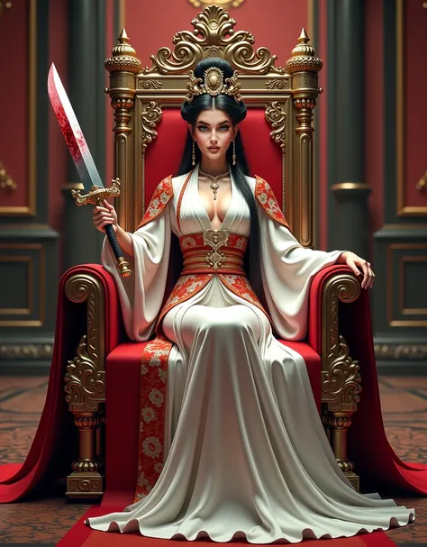 best quality,4k,8k,highres,masterpiece Oriental princess, sitting on a throne with a bloody dagger in her hand, free pose