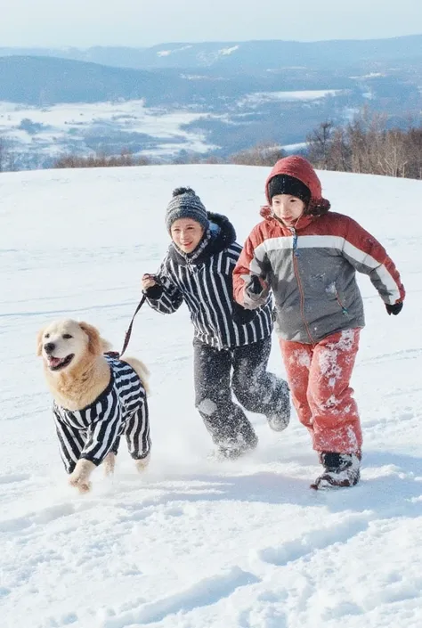  Its a beautiful slope where snow spreads 、 a golden retriever wearing dark and white striped dog clothes seems to be running happily。Next to it、One、 is running together 。 the girl has long straight hair bundled back 、 a slender  girl wearing a warm ski ja...