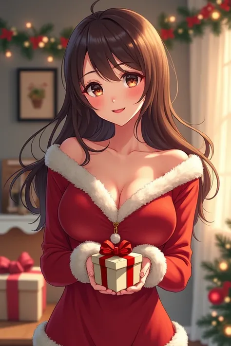 (anime)  28-year-old female,  big breasts, slender. Dressed in a Christmas way,  handing out , brown hair
