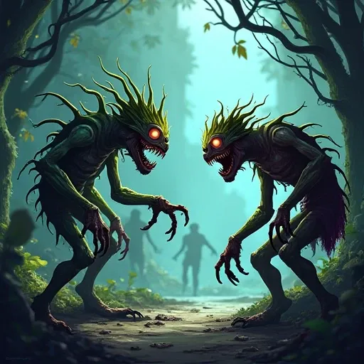 Scary plants and Zombies facing each other angrily, 2d realistic game style