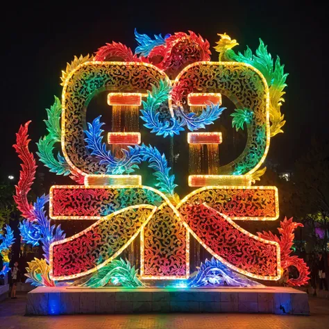 Ice Sculpture，Chinese pattern，colored lights，night