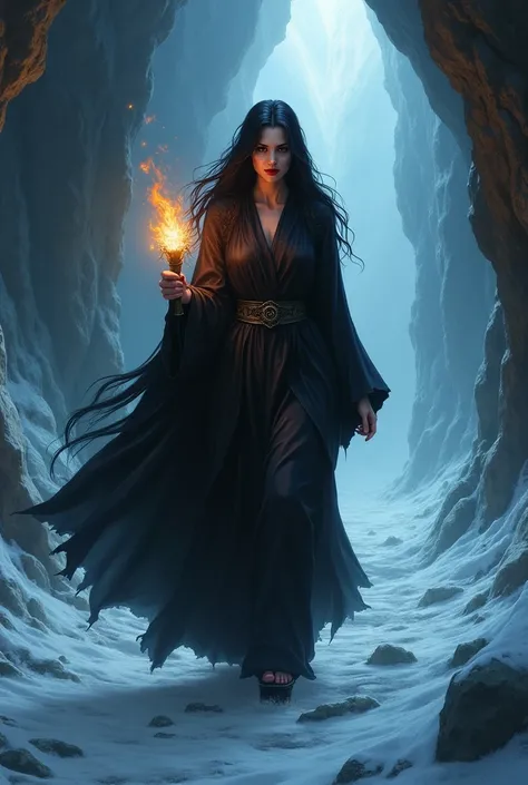 An adult witch ,  in the face Long black hair , dark red lips,  Black eyes ,  in dark-colored clothes , at night, With a torch in his hand,  full length , full face,  walks through an icy dark cave.