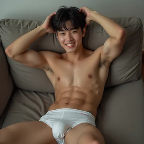 Masterpiece, Best quality, handsome Korean man, teenager, idol, oppa, Solo, short hair, view the viewer, male, toned male, Tik, sport g string, velocity, Bulge, Crotch, detailed bulge, Slim, slim thighs, Wet, Wet clothing, Wet bulge, genital contours,tall ...