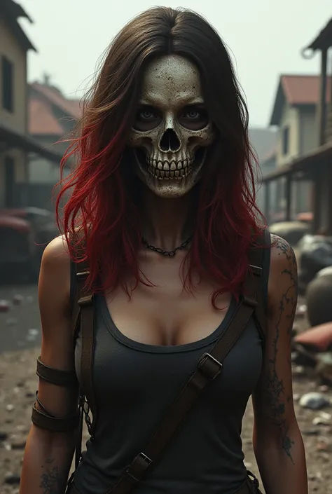 3d drawing,  long haired brunette girl and red highlights, With skull mask in Dayz 