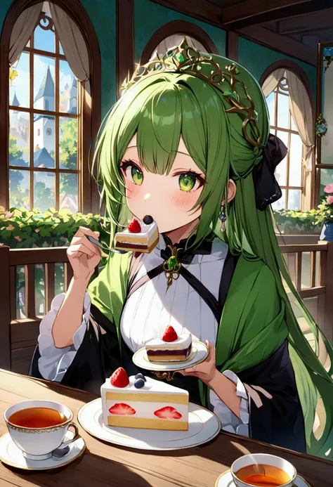 Girl eating 紅茶とcake