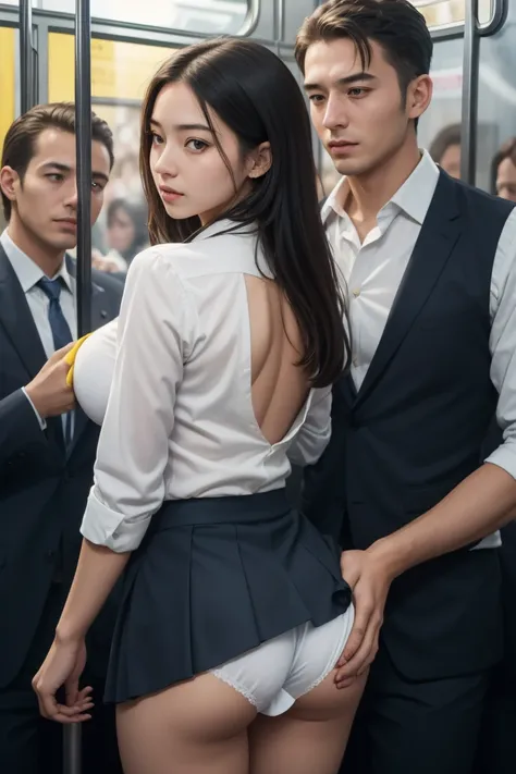 (( white shirt))、 ((yellow mini skirt ))、 ((office lady uniform ))、 J-cup large breasts、Beautifully shaped breasts、slender、 Outstanding Style 、Tight tops、Open chest、Emphasizes the fullness of the chest、Cleavage、Beautifully shaped breasts 、Open chest、Breast...