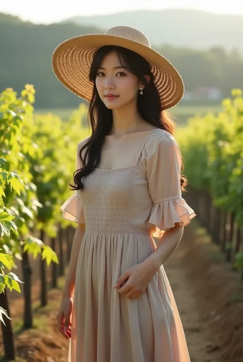 araffe woman in a dress and hat standing in a vineyard, japanesse farmer, beautiful asian girl, japanese model, cleavage, japanese goddess, beautiful japanese girls face, in the countryside, realistic young gravure idol, Yoshitomo Nara, young sensual gravu...