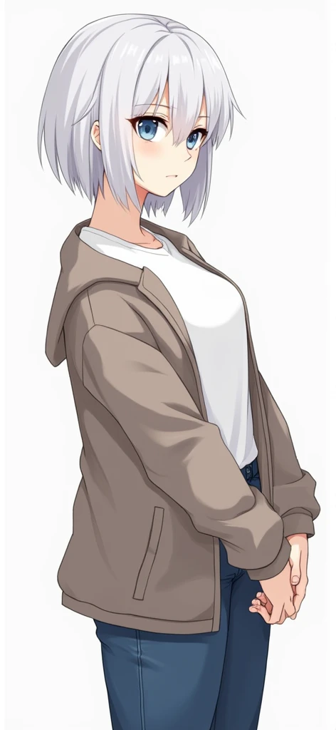 1 girl,  white hair,  short hair,  Blue Eyes, flat chest,  wide hips , casual clothes, white shirt,  jeans,  brown jacket ,  Serious expression, alone,  best quality,  masterpiece , portrait,  simple background ,  Looking
For the camera, Pose turned sidewa...