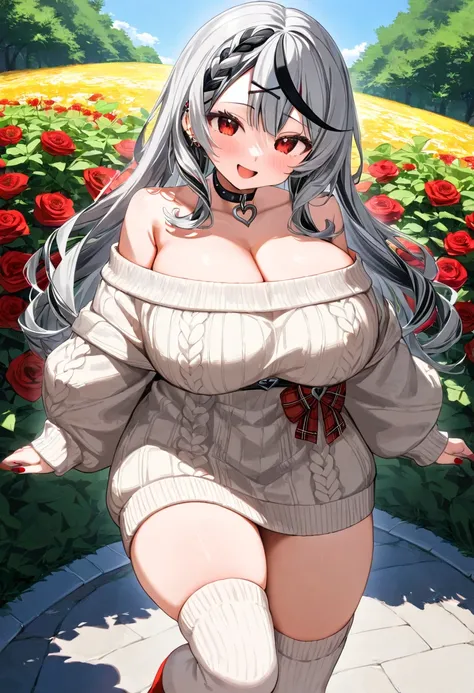 ( top quality  , 8k , masterpiece ),  girl  , young , 1 person , sakamata chloe ,  hololive  , Silver Hair , Big Breasts , smile ,  like heaven ,  red cheeks  , Tanimachis emphasis  , A rich variety of skin tones  , (  off shoulder sweater dress , thigh-hi...