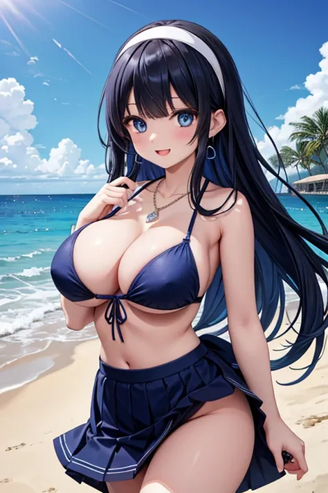  top quality 、  highest image quality taken by Ki 、masterpiece、 beautiful girls、dark blue long hair、 blue eyes、 Navy Blue Bikinis 、 large cleavage 、(Big Breasts)、smile、 Blue Necklace、 blue earrings、background( Beach )、 sexy pose taken from the butt、 Please...