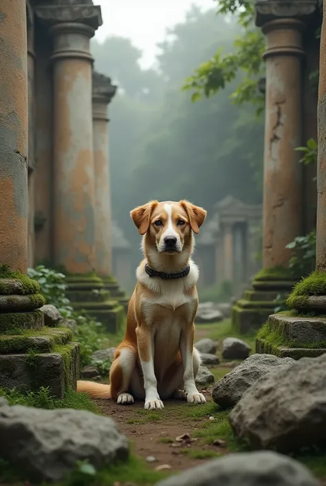 Photo of a dog sitting among ruins in ancient times 