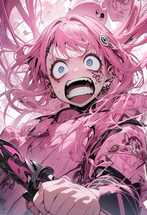  pink haired woman,  shocked face handled with a knife、Piercings galore