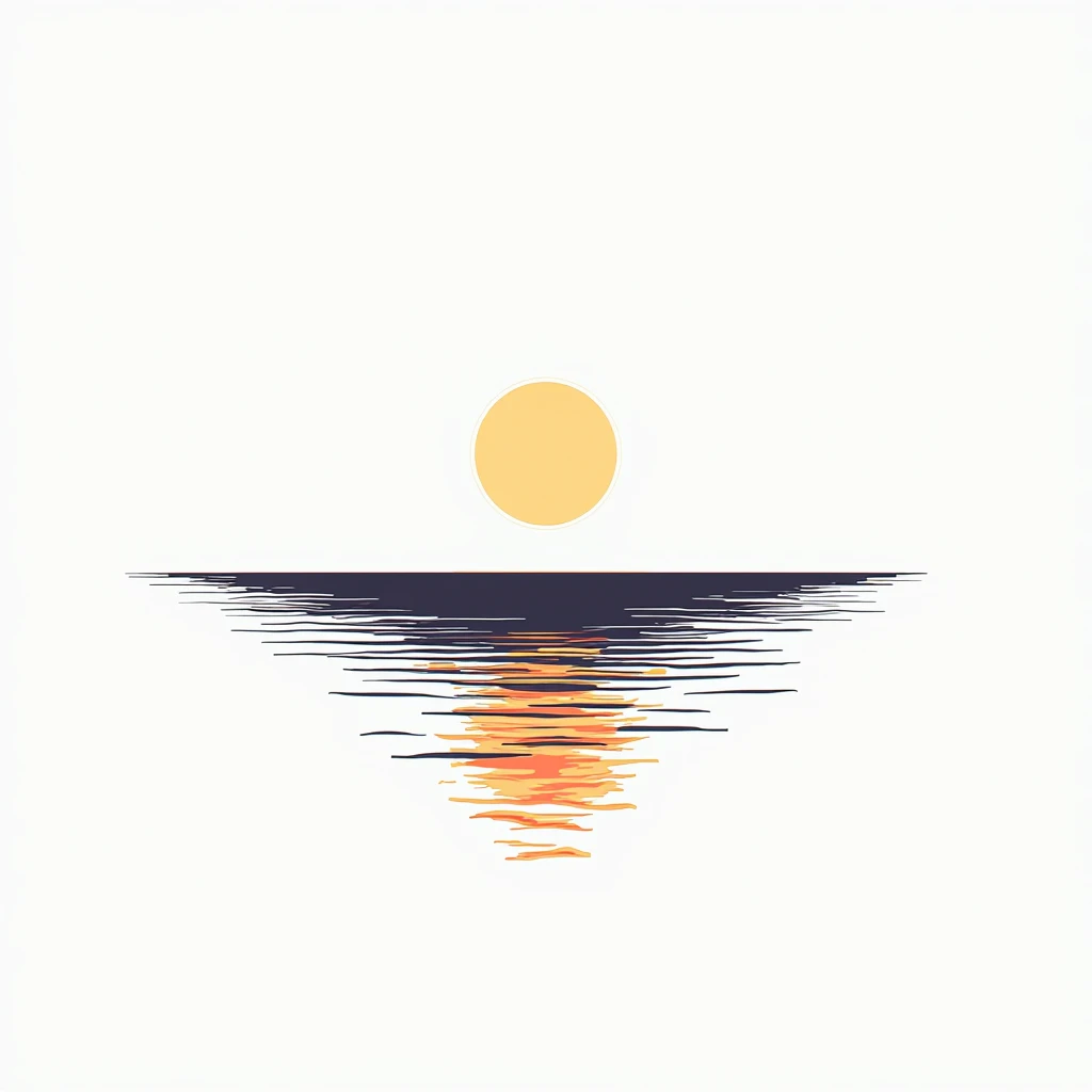 A large, luminous, pale-orange sun is positioned high in a twilight or dawn sky, above a body of water. The waters surface is rippled and dark, reflecting the golden light of the sun in a stylized, almost abstract way, creating a pattern of orange and yell...