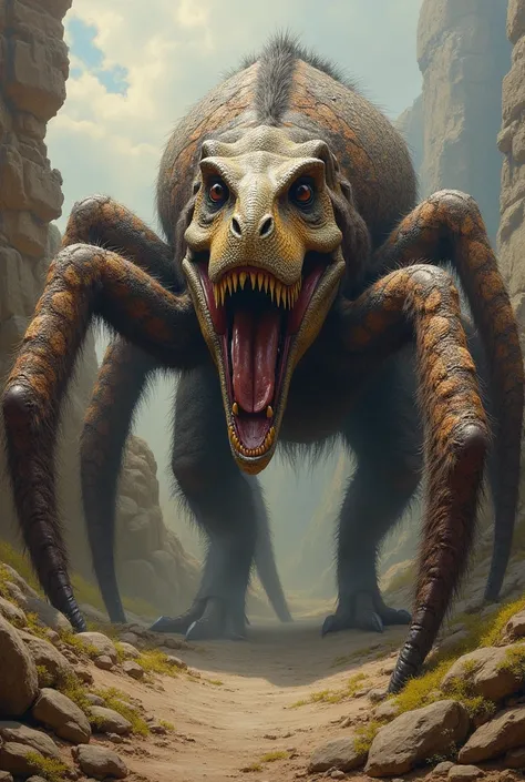 You are a realistic painter and paleontologist create a monstrous animal between a t-rex and a tarantula for me