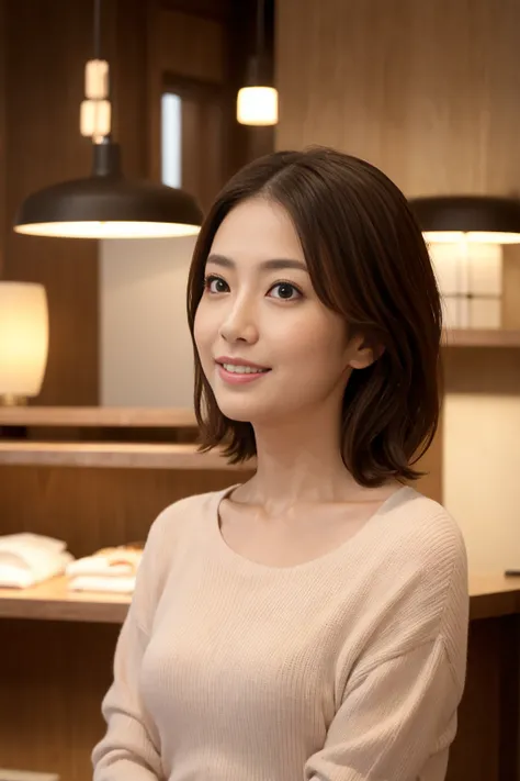 ( The ultimate beautiful Japanese woman), 45 years old,  double eyelid big eyes  (1.4),  short brown hair with slight wavy, Big and Rich Breasts , Slightly curved, Boundary depth written,  perfect image realism , Celebrity Interior Details, perfect lightin...