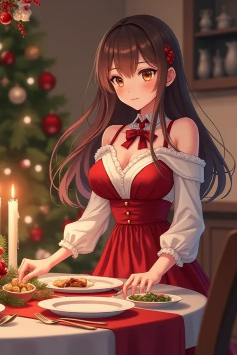 (anime)  28-year-old female,  big breasts, slender. Dressed in a Christmas way,  setting the table for a Christmas and family meal, brown hair. Wearing formal clothing 
