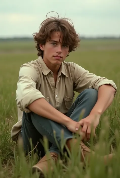 create a realistic image relaxing sit on plain land, low grass background, open hair, no grass in front him, realism, high image quality, medium hair,green surrounding , 1830s country dress, teenage , time 1960 texas, boy looks beautiful large eyes. Hes ha...