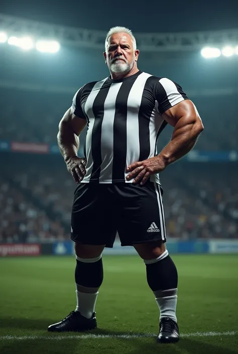 Create an impressively realistic image of an extremely muscular grandpa, his gaze is aggressive, and he is in a heroic pose, with his hands on his hips. The being wears a short-sleeved sports shirt with vertical stripes in black and white, his shorts are a...