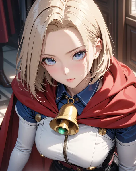 Red Cloak and Bells,  cute, ( Android １８Number), masterpiece:1.5, masterpiece, highest quality, UHD, retina, masterpiece, accurate anatomy, super detailed, high quality, best quality, 8k