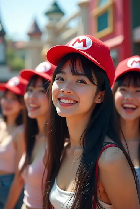  Japanese women、18 years old、 beauty、 Universal Studios Japan、Nintendo　ワールド、Mario Hat、 they are having fun 、 black hair、