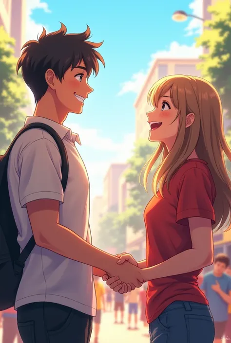 A young man is shaking hands with a girl with joy . anime style