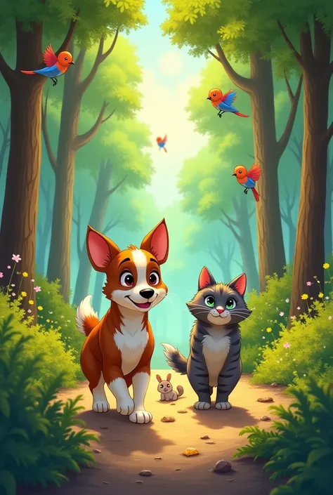 A vibrant forest with tall trees, colorful birds, and sunlight streaming through the leaves. A brown and white dog named Bobo and a gray-striped cat named Tina are walking on a dirt path. In the background, a small injured rabbit is lying near the bushes, ...