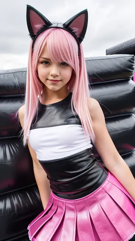  teenager with pink hair, slim model, Leather top pink ,  pleats leather skirt pink,  leather arm warmer ,  knee-high leather boots, Cat ears, bouncy castle  ,  realistic ,  arms scares  