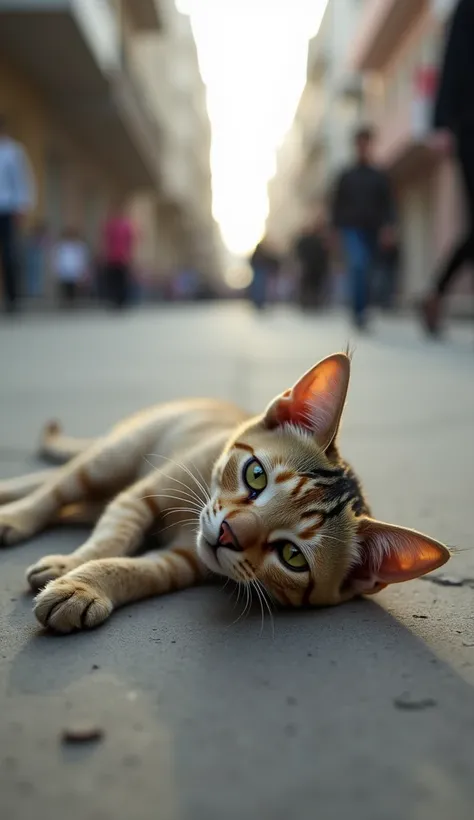 A small, thin, and frail cat, with dirty and patchy fur, yellow-green eyes, and a sad expression, collapses to the ground in the middle of the street. The cat lies on its side, eyes half-closed, with its body appearing limp and exhausted. The pavement bene...