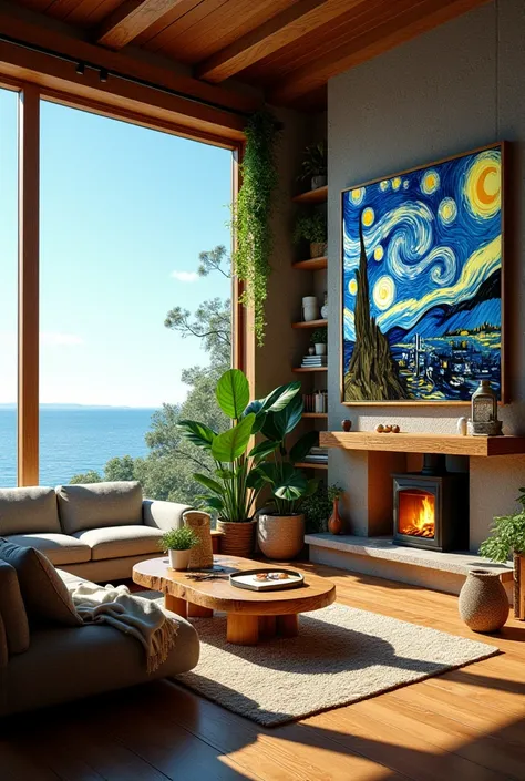  creates a living room with a sofa , a wood stove ,  with a television ,  a window overlooking the sea ,  with plants and a painting by Vang Gogh. 