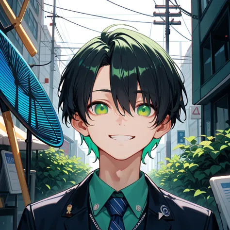 score_9, score_8_ up, score_7_ up,((8k)),source_anime,1boy,university student,(((Alone))),  Stable ,Xiucai,BREAK black hair short,Dark sea blue inner color, mint green eyes,(smile:0.9) Neat Outfit ,#375752,#5A9E8F,#D1E8E2 