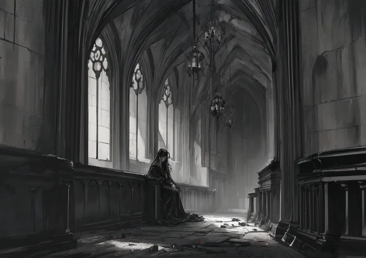 A dark and haunting gothic cathedral interior with black-tinted stained glass windows and charred, ashen details. The atmosphere is eerie and desolate, with a dim monochrome lighting replacing the original red glow. Smoke and ruins scatter the floor, and c...