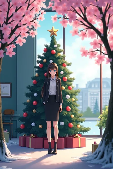 (best quality:1.3), (masterpiece:1.3), anime, 1girl, suit, office lady, black skirt, black blazer, pencil skirt, white shirt, collared shirt, long hair, teenager, black hair, indigo eyes, looking at viewer, cowboy shot, age 17, christmas tree, artificial c...