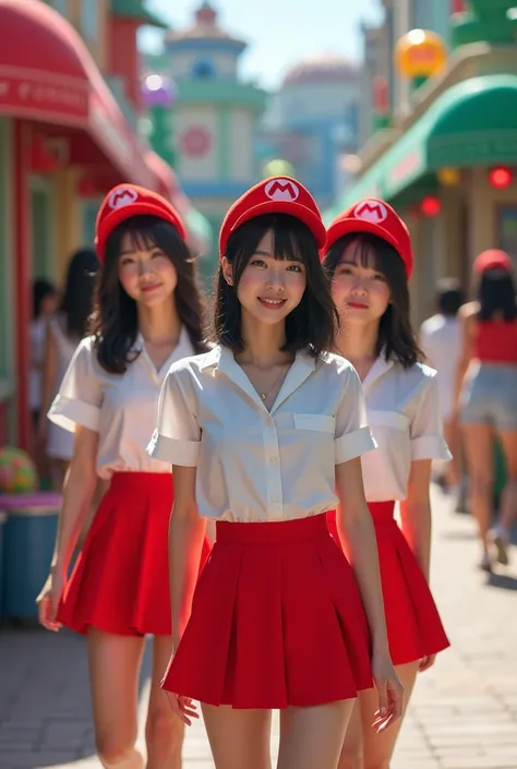  Japanese women、18 years old、 beauty、 Universal Studios Japan Nintendo world area, Mario Hat、 they are having fun, red mini skirt, black bob hair, winter