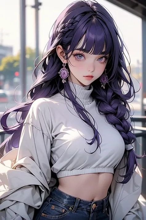  1 girl, blunt bangs,        (( beautiful eyes)). braiding        ,    width ,       hair accessories ,Obi says, (Purple Hair:1.2),         long hair ,        close-up shot of a straight-haired high school girl grasping the top of her clothes   ,   Its a v...