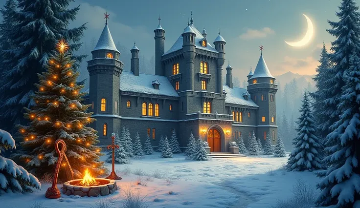 Design a festive and magical Christmas-themed thumbnail in 16:9 ratio. The image should feature a grand medieval castle blanketed in snow, glowing with warm golden light from its windows, surrounded by tall evergreen trees. In the foreground, include a Cel...