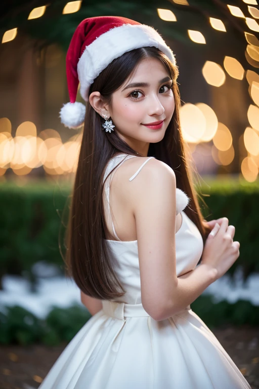 Beautiful girl looking at the viewer ,, put on a red fluffy dress, velvet, white fur trim, red tight skirt, velvet, white fur trim ,, clear white skin, soft cheeks, Smiling charmingly, seeing ,Sharp face,  brown eyes , Christmas festival, there is snow, th...